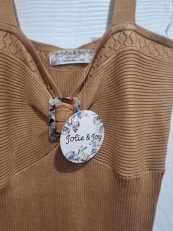 Camel Ribbed V-Neck Sweater Dress with Buckle Detail