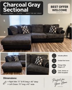 Charcoal Gray Sectional Sofa w/ Chaise – Clean & Comfortable