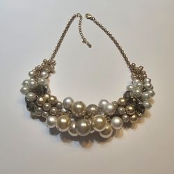 Lia Sophia Beaded Faux Pearl Cluster Bib Statement Necklace Gold Tone 