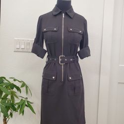 Michael Kors Belted Shirt Dress Full Zip Multi-Pocket Black Sz XS