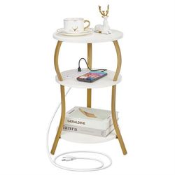 Small Round Side Table with Charging Station, 3-Tier Waist Circular End Table