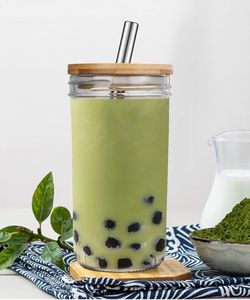 24 oz Four glass Tumblers with Bamboo Lid and Straw