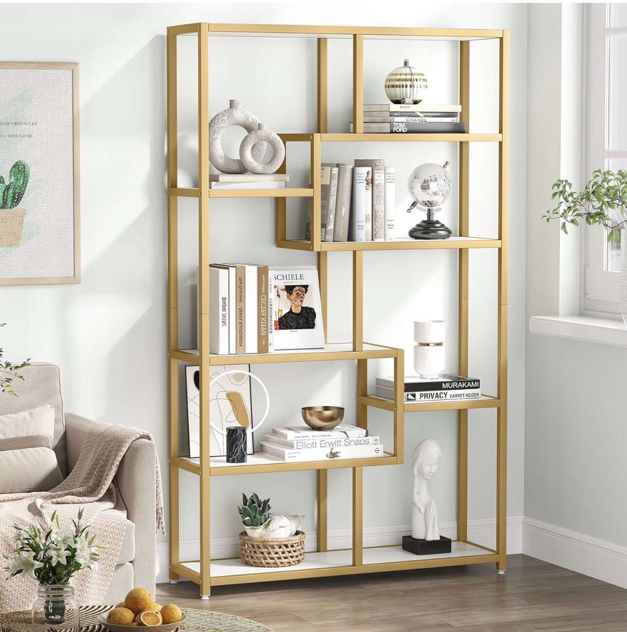 New assembled F1776 Bookshelf 5 Tier Etagere Bookcase, Modern Gold Book Shelf Organizer Display Rack with 8 Open Storage Shelf for Home Office, Living