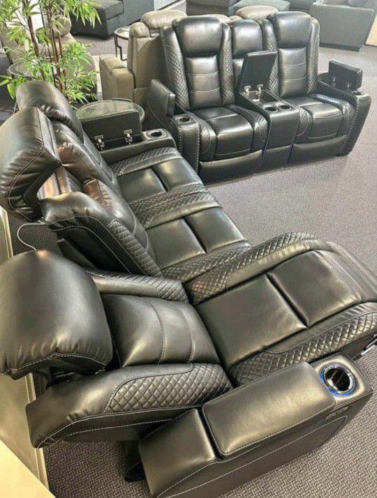 Home Theater Movie Seating Black Leather Power Reclining Sofa And Loveseat 