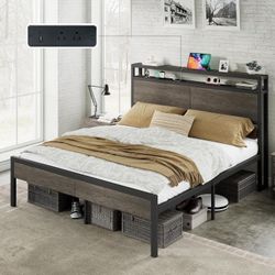 Queen Size Platform Bed Frame with Charging Station Industrial Metal Bed Frame, 2-Tier Storage Headboard, Large Under-Bed Storage, Heavy Duty Slats, N