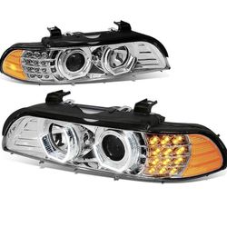 96-03 BMW E39 5-Series 3D Halo LED Signal Projector Headlights - Chrome Housing Amber 7 colors