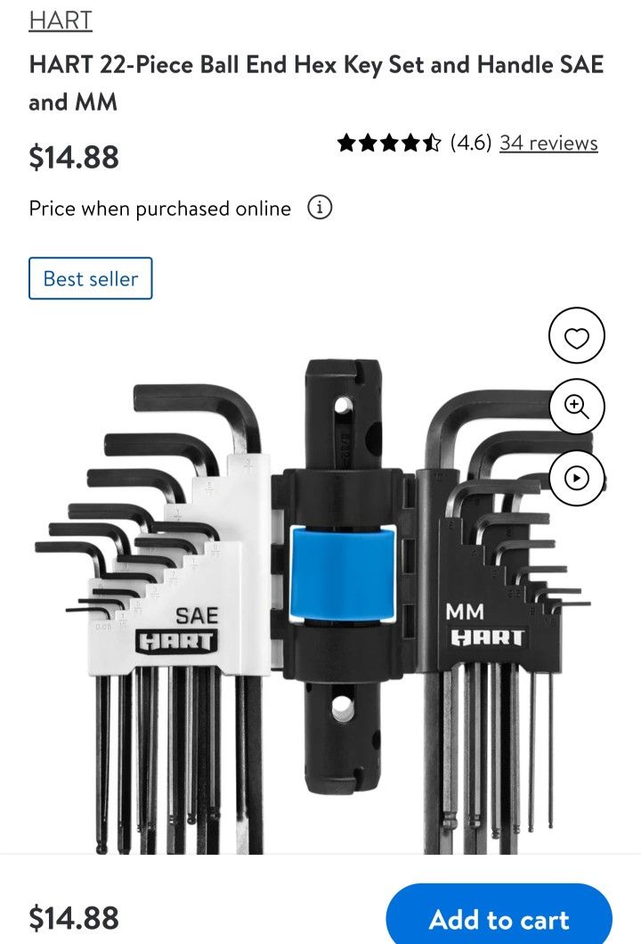 HART 22-Piece Ball End Hex Key Set and Handle SAE and MM. (Retail: $27.²³ USD)