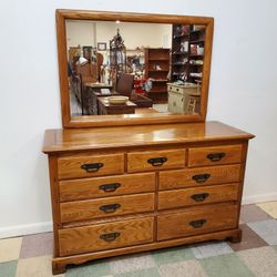 Vintage Oak Double Dresser With Mirror By Link Taylor