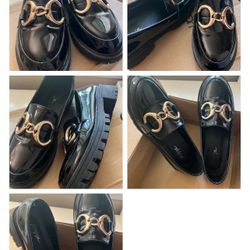 Size 5 Nasty Gal - Black Patent Leather Loafers with Gold Hardware