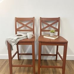 🍷 Pair of Rustic Red Wood Counter / Bar Stools (2) 🪵