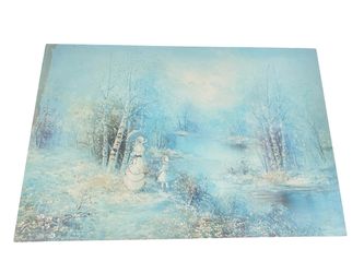 Vintage Du Pont Original Oil Painting Canvas Lady and Girl near Water 24”x36”