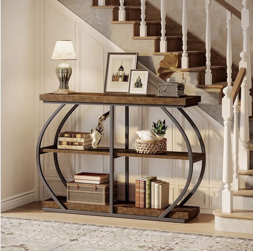 Tribesigns 41.3" Console Table, Industrial 3-Tier Entryway Table with Arched Metal Frame and Storage Shelves for Living Room, Hallway, Rustic Brown