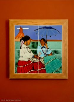Handpainted Tile Mural By RC Gorman Known as Picasso of American Indian Art 15.5"×15.5"