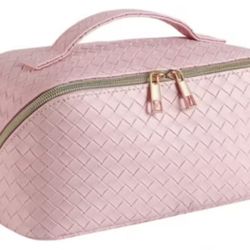 Large Capacity Travel Makeup Bag for Women, Waterproof Portable Cosmetic Bag with Compartments, Foldable Flat Lay (Pink)
