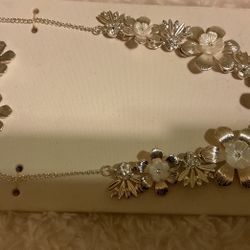 Silver Tone Necklace And Earring Set…pearl flowers With Clear Rhinestones In The Center .