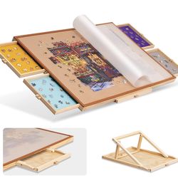 Puzzle Table with Leather Bar, Wooden Plateau Portable Puzzle Board Saver with Embedded Adjustable Stand/Bracket and Removable Cover, 4 Sorting Drawer