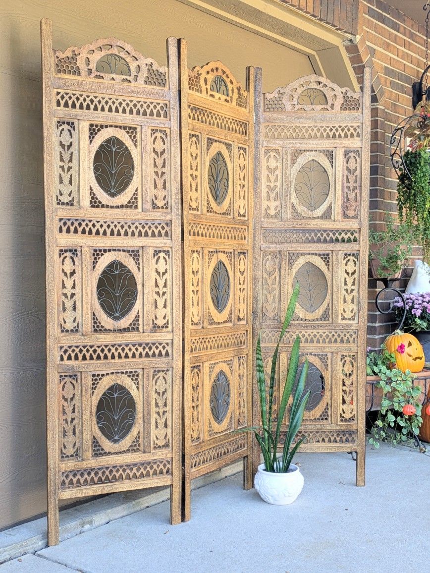 Vintage Ornate Hand Carved 3 Panel Wood Ornate Room Divider 