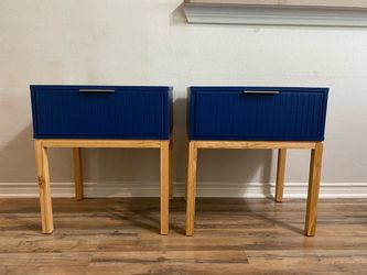 Navy Blue Nightstands with Wood Legs – Set of 2