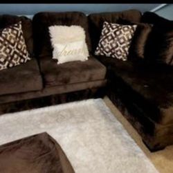 Brown Chaise Sectional with Ottoman