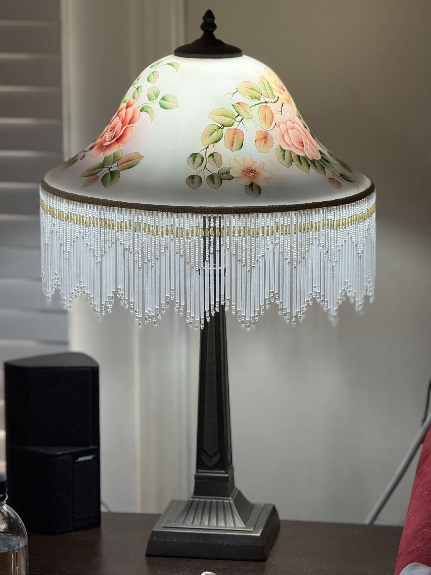 Frosted Glass Lamp w/ Painted Roses and Tassels