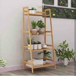 4-Tier Tall Ladder Shelf Multifunctional Storage Rack Bamboo Bathroom Shelf Book Shelf, Teak