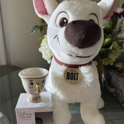 New! Disney World Large Plushy (Bolt) 19 Inch Tall And Disney Chip Mug!