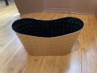 Metal gift basket bin holder container with decorative art deco gold designs and black interior