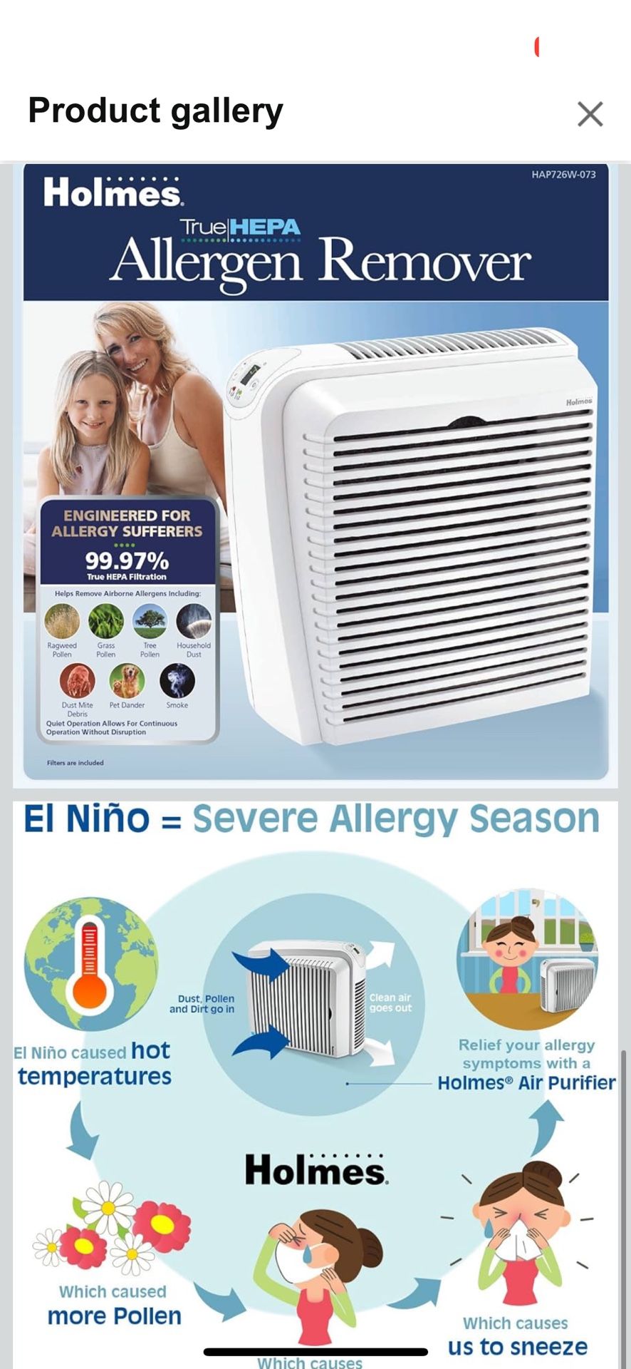 Holmes True HEPA Allergen Remover Air Purifier with Digital Display for Medium Spaces, White
