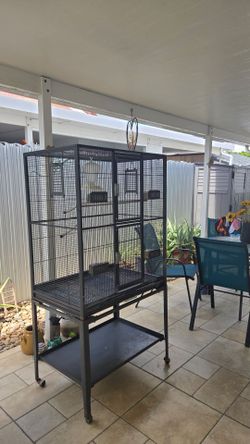 Large Black Metal Bird Cage on Stand