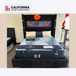 Modern Black Upholstered Queen Bed Frame with LED Fireplace Flame Headboard