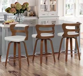 26 in. White Faux Leather and Walnut Wood Mid-Century Modern Swivel Counter Height Bar Stool (Set of 3)