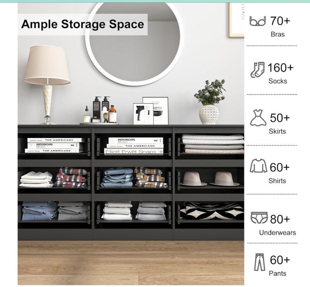Long Dresser for Bedroom Free Handle, Modern Wooden Chest of Drawers with Wide Storage for Living Room, Black