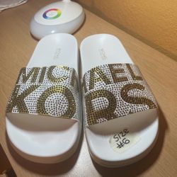  MK Michael Kors Gilmore Slide Slip On Sandals Rhinestone Vanilla/Gold Sizes 6,8, And 9
