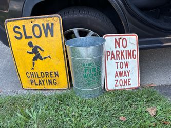 1940’s Steel Embossed Street Signs - No Parking - Slow Children Playing