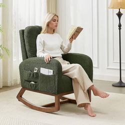 Rocking Chair Nursery, Rocking Chairs with Solid Wood Legs, Teddy Fabric, Glider Chair with Upholstered High Backrest, Nursery Chair for Living Room, 