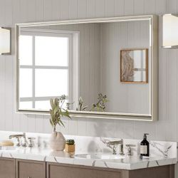 NEW IN BOX - QueenFun 48 in. W x 24 in. H Framed Rectangular Beveled Edge Bathroom Vanity Wall Mount Mirror in Brushed Nickel