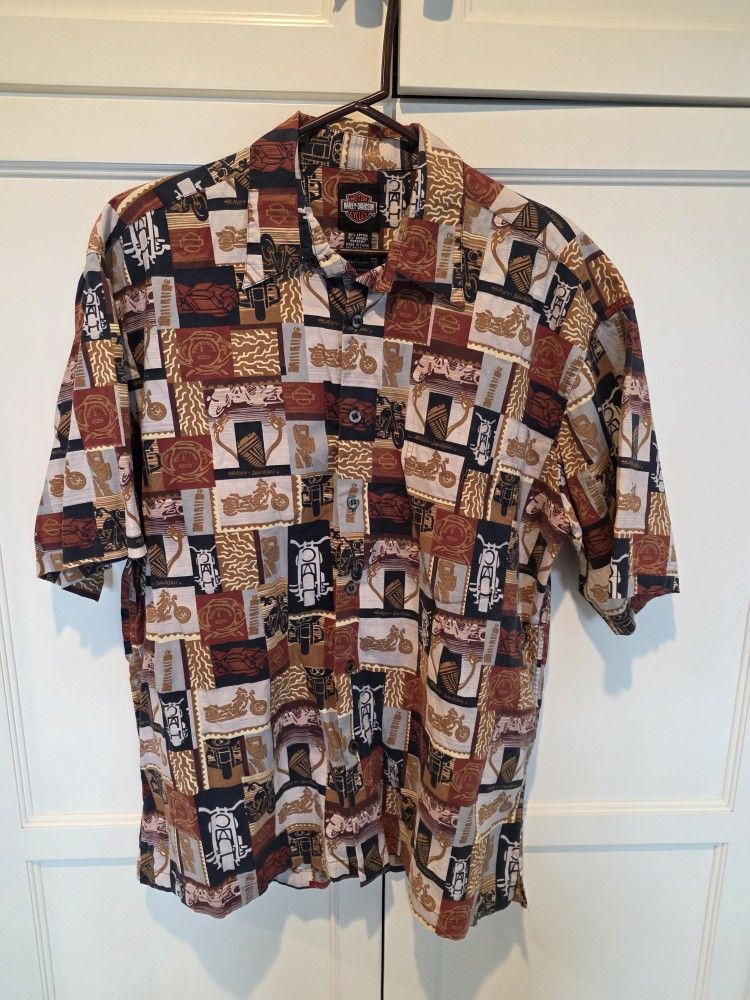 Harley Davidson Motorcycle Hawaiian-Style Button-Up Shirt -- Size Large