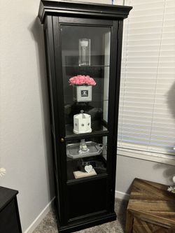 Dark Brown Glass Cabinet With Home Decor For Free