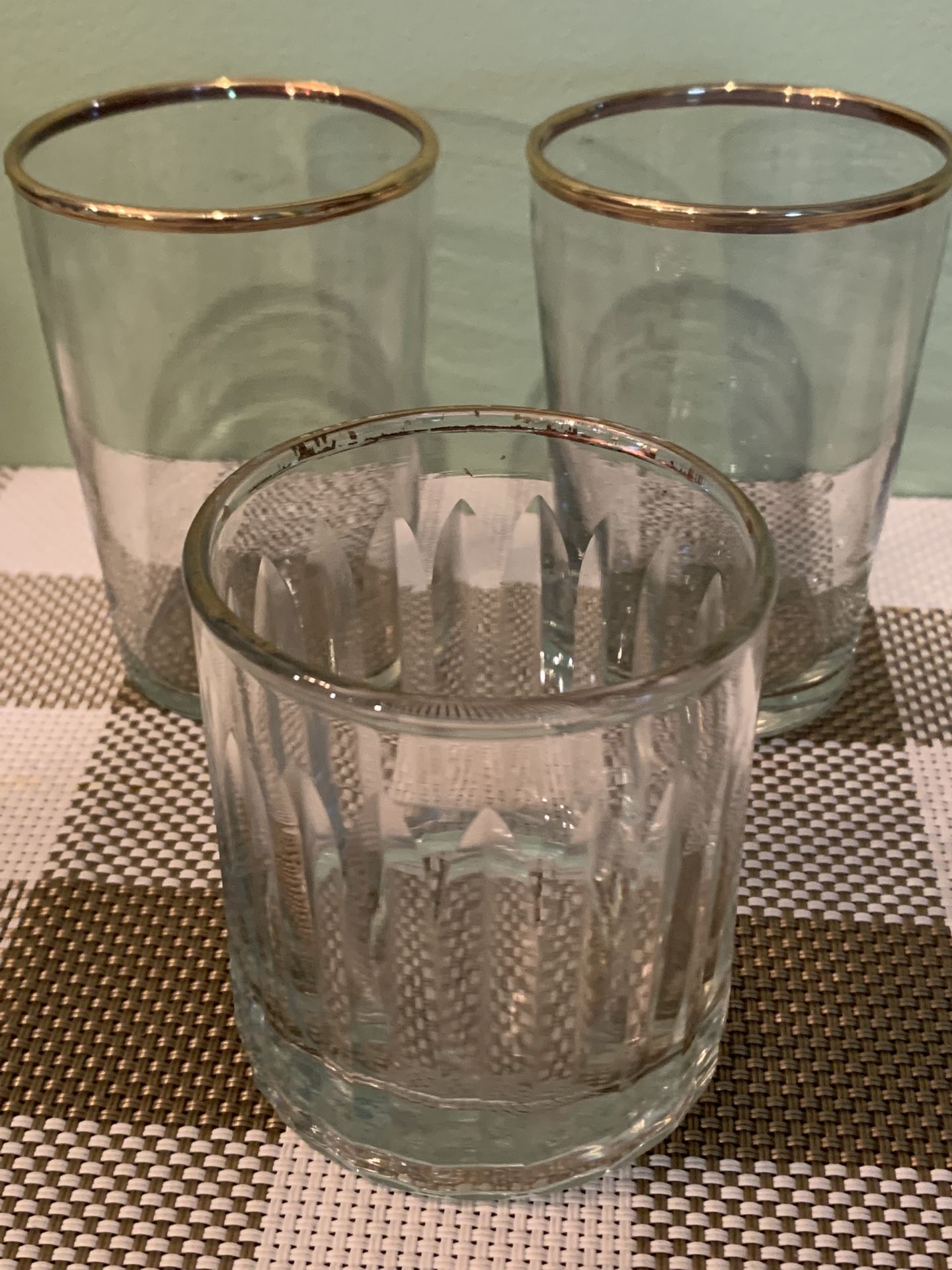 3 PCs Thick Glass Tea Light Candle Holders W/ Gold Trim Accents, One Has Carved Glass Raised Details, Great For Decorating Or Crafting 