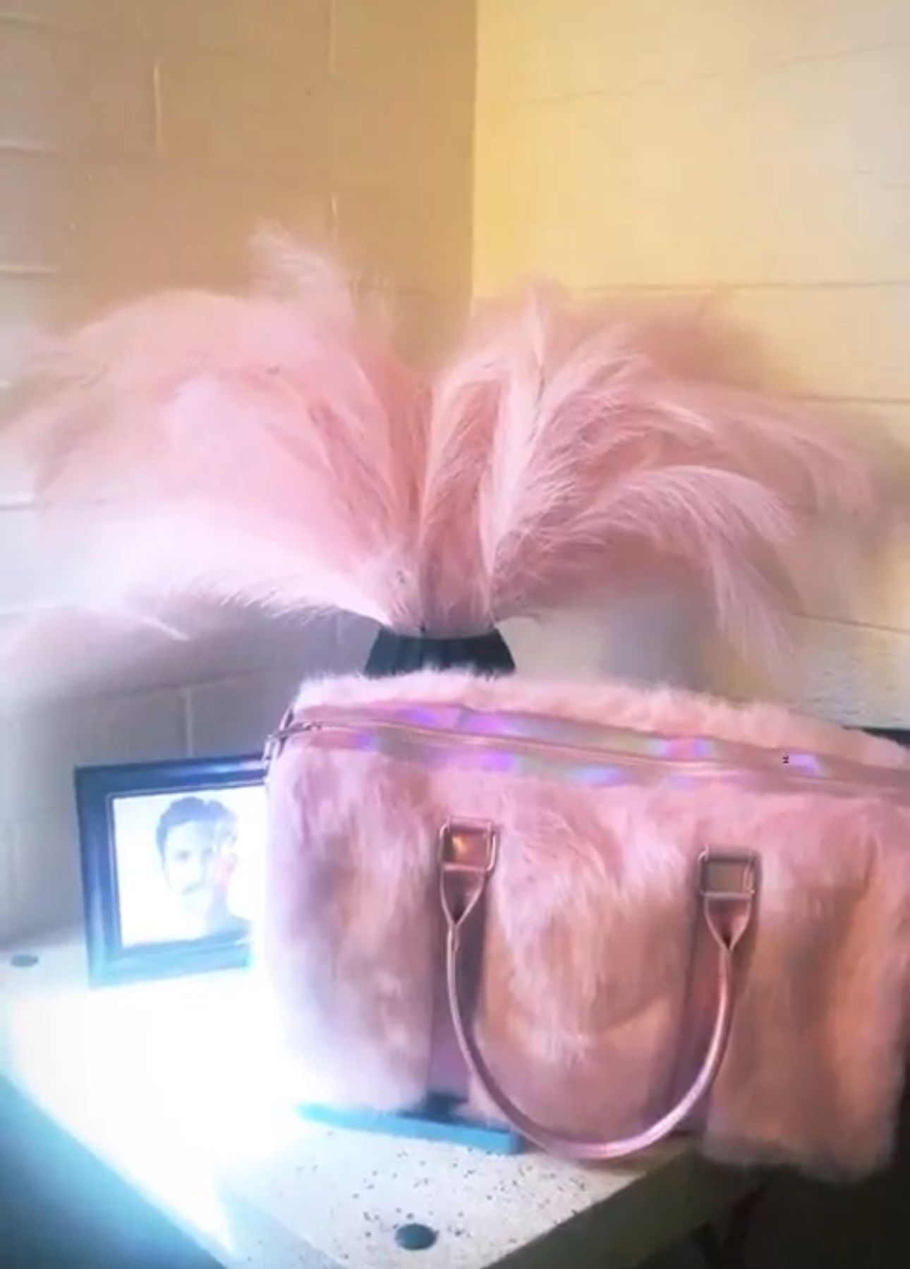 pink fur duffle bag