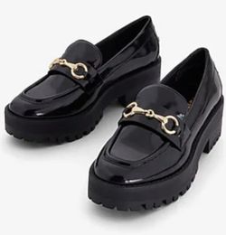 Express Black Patent Platform Loafers with Gold Chain Hardware - Size 10