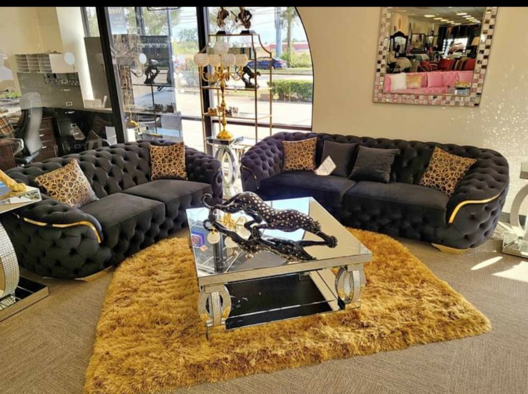 Lupino Black Velvet Living Room Set & Sofa And Loveseat