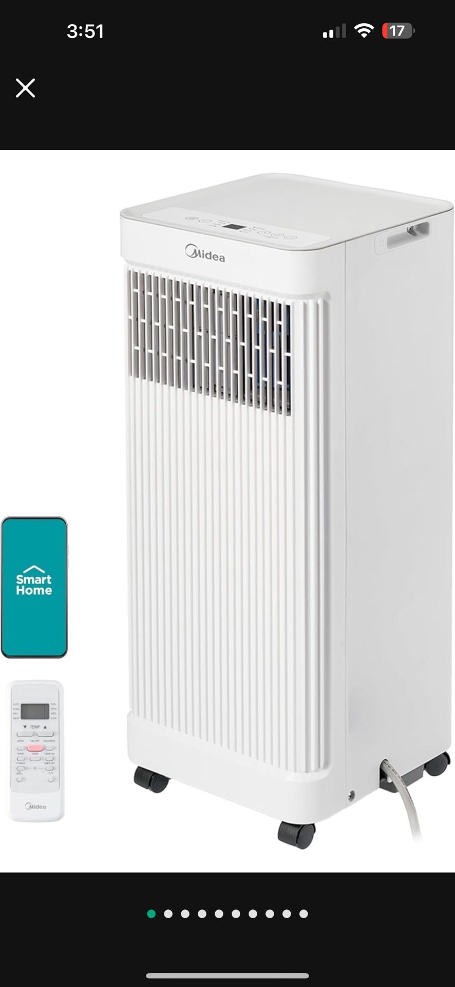 Midea 10,000 BTU ASHRAE (7,100 BTU SACC) Portable Air Conditioner, Smart Control, Cools up to 300 Sq. Ft., with Dehumidifier & Fan mode, Easy- to-use 