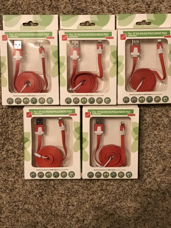 5 Brand New Red Apple 8-Pin Lightning USB Charge & Sync OTG Cables Cords