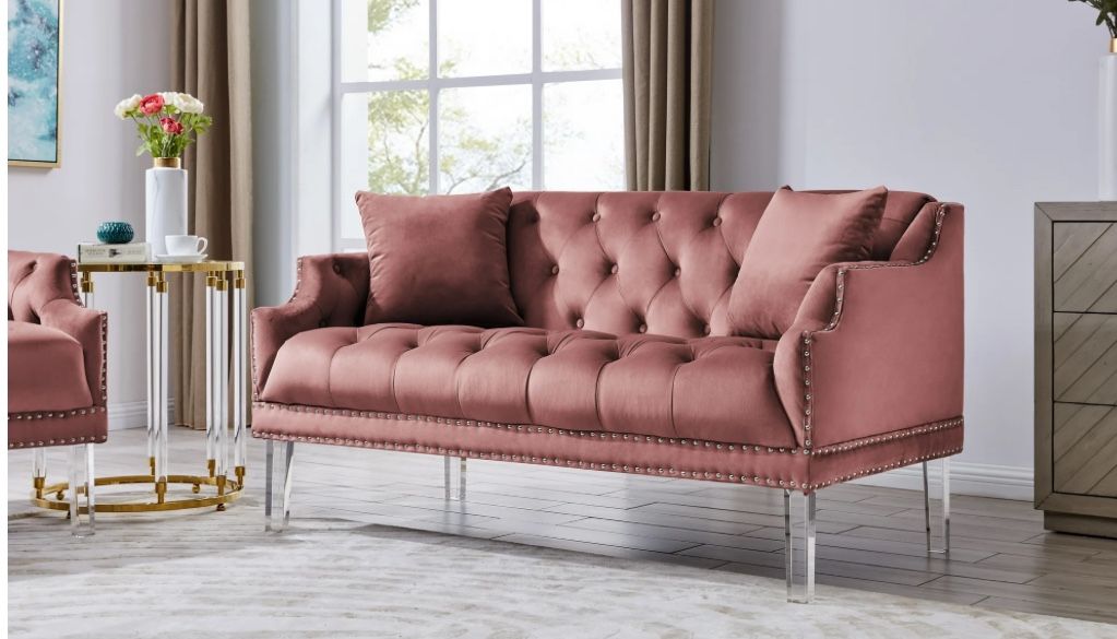 NEW Chic Home Eva Button Tufted Acrylic Legs Velvet Upholstered Loveseat, Blush