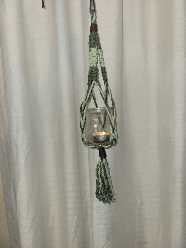 Handmade * GREEN / BROWN * Hanging Macrame Candle / Plant Holder * Glass Jar