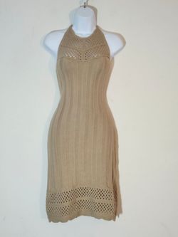 Almost Famous Knit Crochet Halter Mini Dress Color:Beige, Size: L