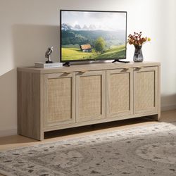61.5”TV Stand for Living Room Boho Entertainment Center for Bedroom with 4 Rattan Cabinets Farmhouse Television Stands with Storage Large Media Consol