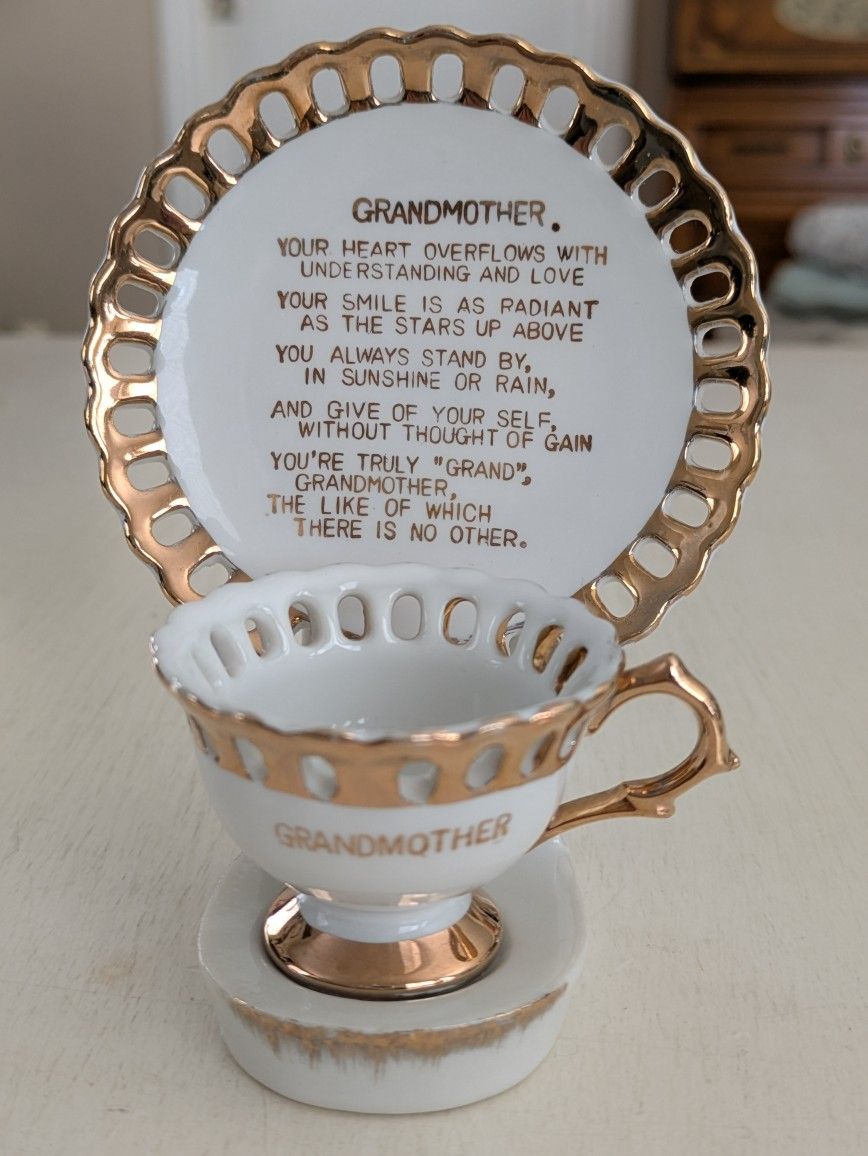 Vintage Miniature Porcelain China "Grandmother Tea Set" With Cup, Saucer, Stand & Poem~Japan