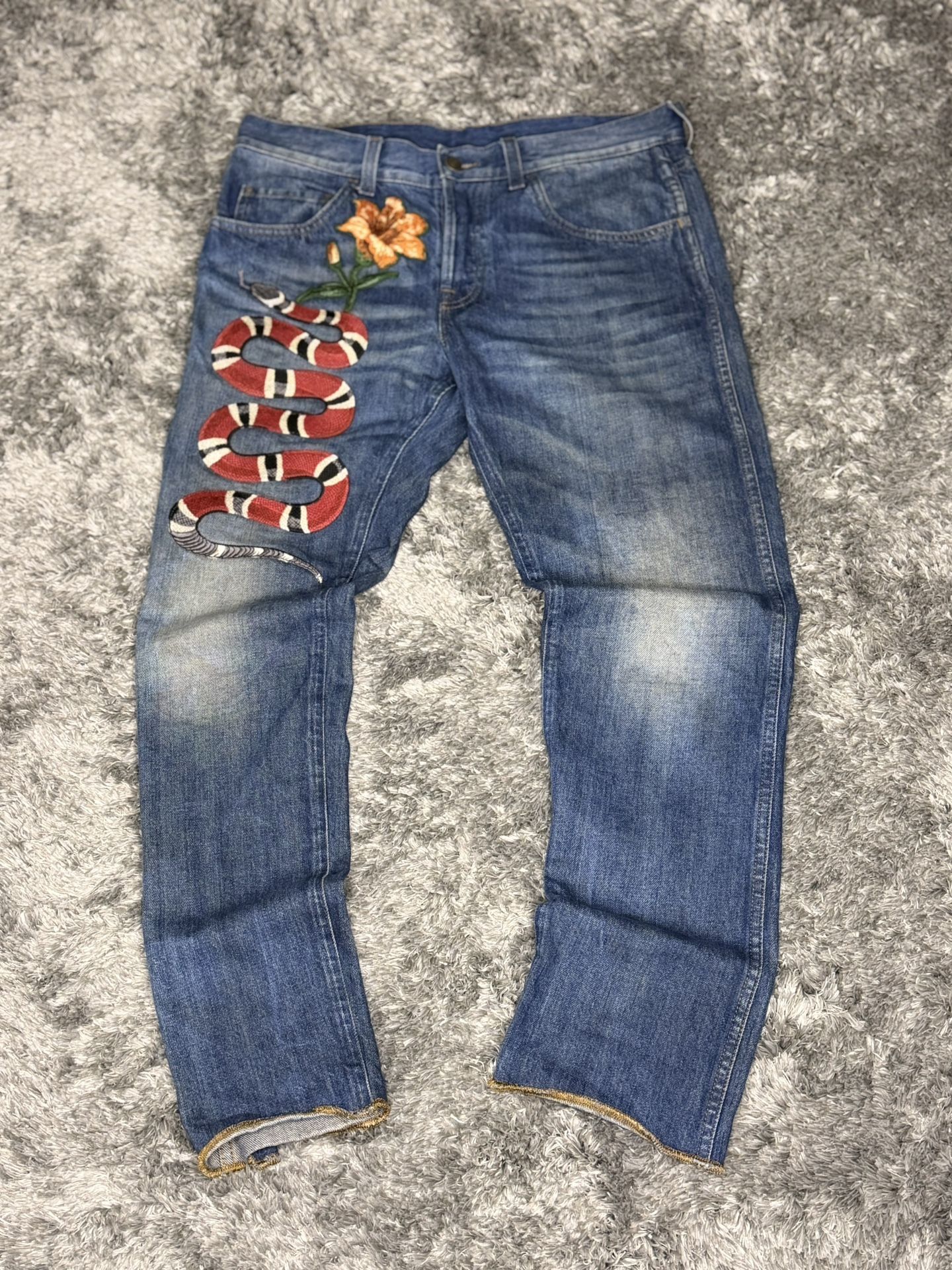Gucci Denim Jeans with Embroidered Snake & Flower Patch